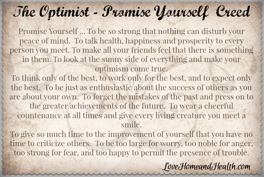 The Optimist Promise Yourself Creed @ Love, Home and Health